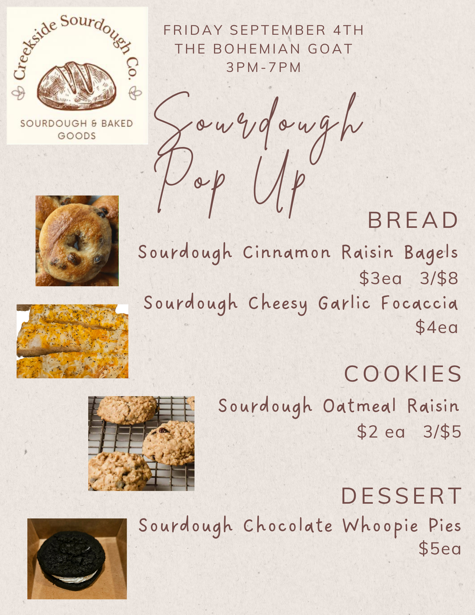 September 4, 2026 Sourdough Pop Up - PPU this date only from 8am-2pm at my house or 3-7pm at The Bohemian Goat in Mt. Clemens