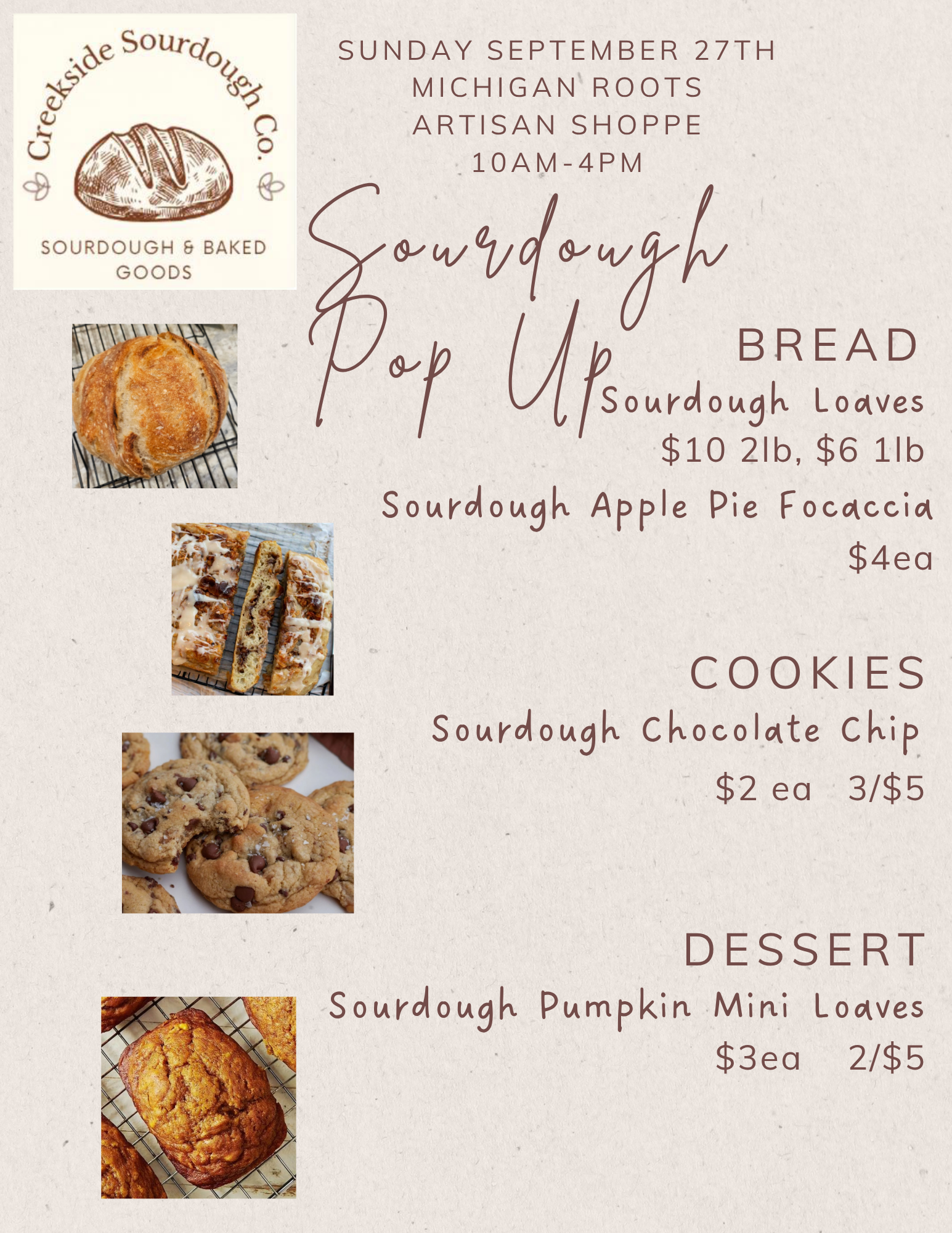 September 27, 2026 Sourdough Pop Up - 10am-4pm at Michigan Roots Artisan Shoppe in Madison Hts.