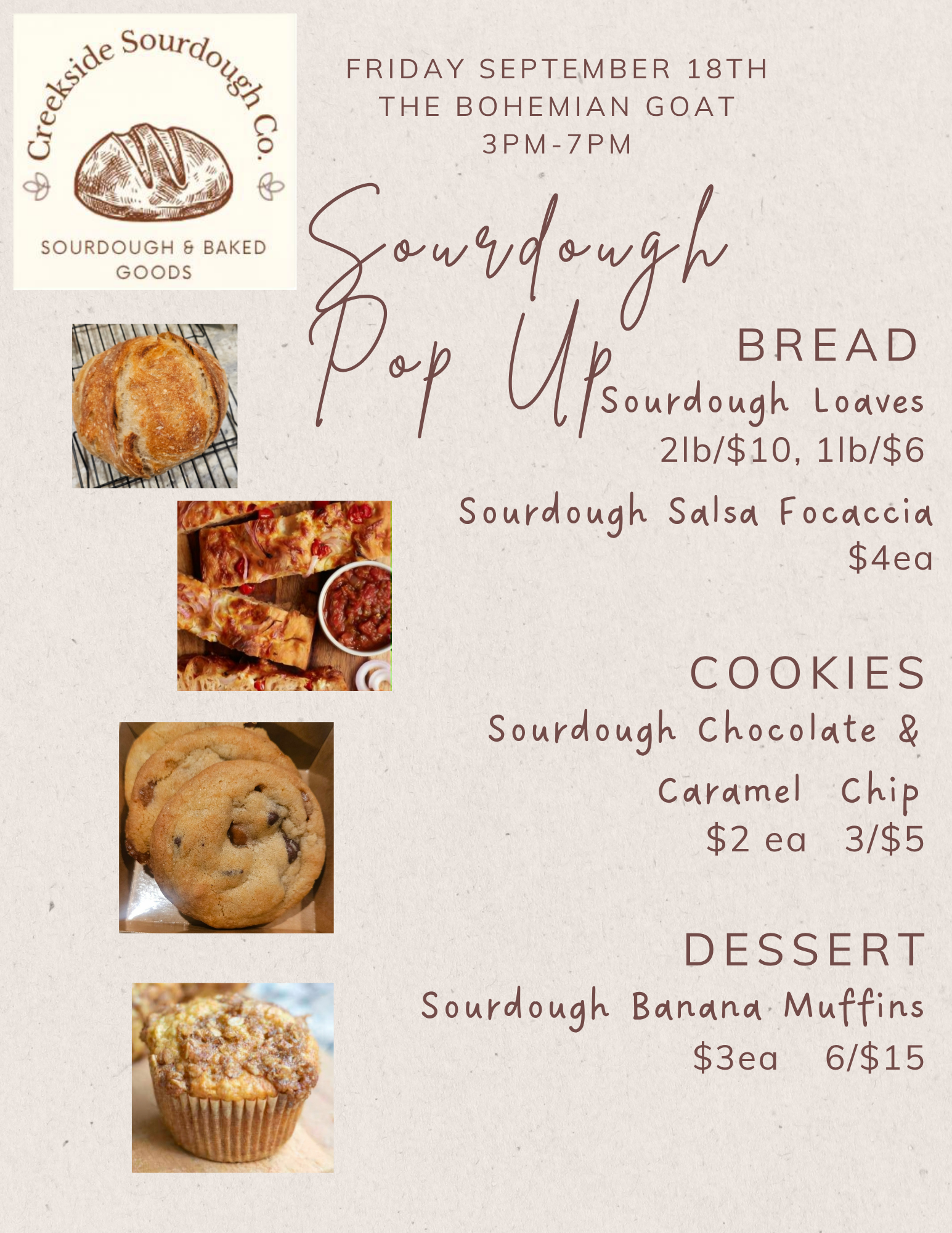 September 18, 2026 Sourdough Pop Up - PPU this date only from 8am-2pm at my house or 3-7pm at The Bohemian Goat in Mt. Clemens