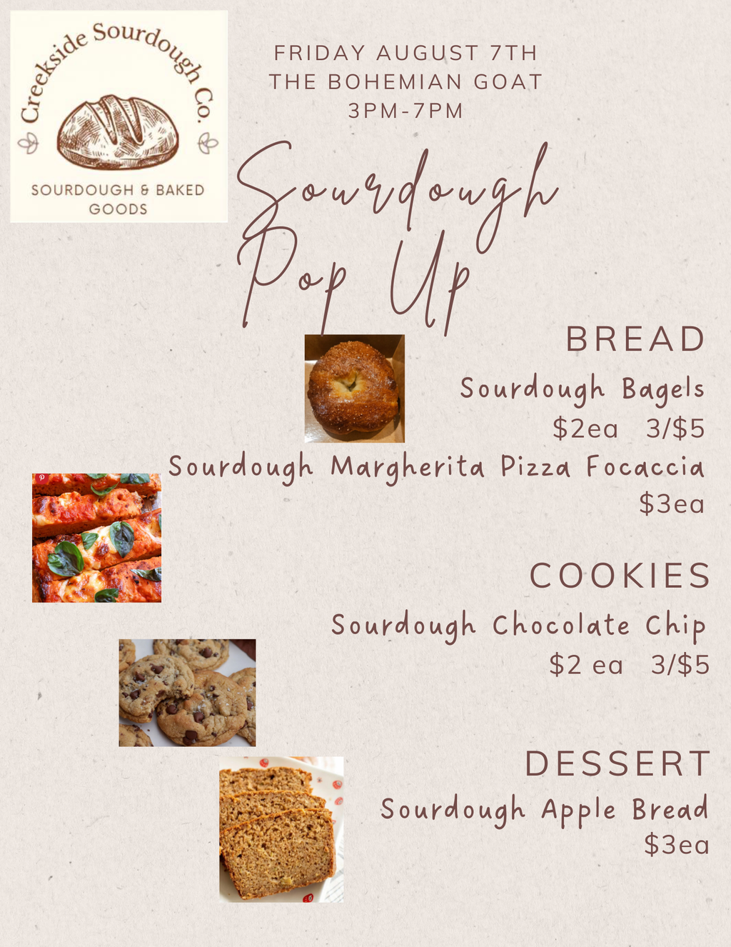 August 7, 2026 Sourdough Pop Up - PPU this date only until 2pm at my house or 3-7pm at The Bohemian Goat in Mt. Clemens