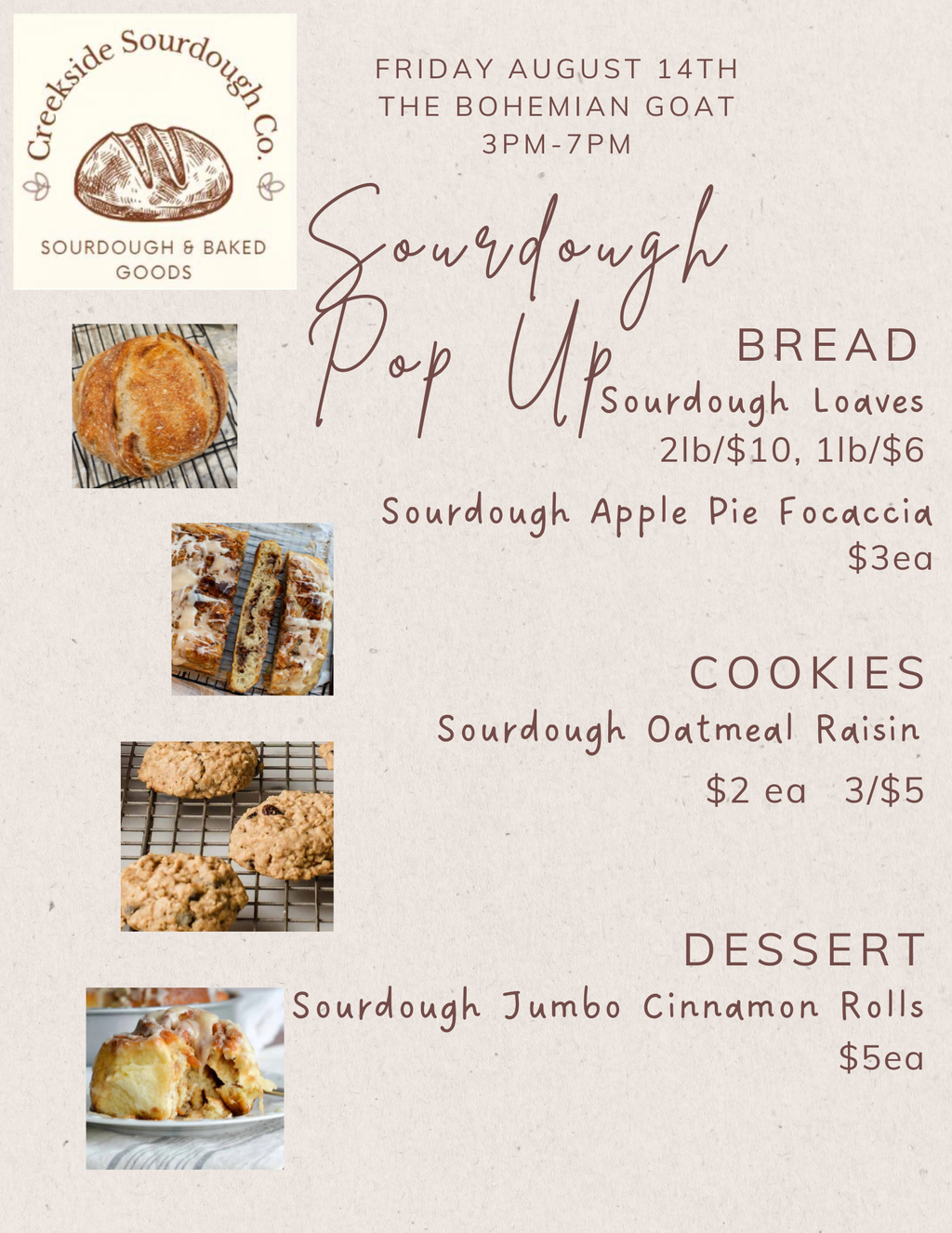 August 14, 2026 Sourdough Pop Up - PPU this date only from 8am-2pm at my house or 3-7pm at The Bohemian Goat in Mt. Clemens