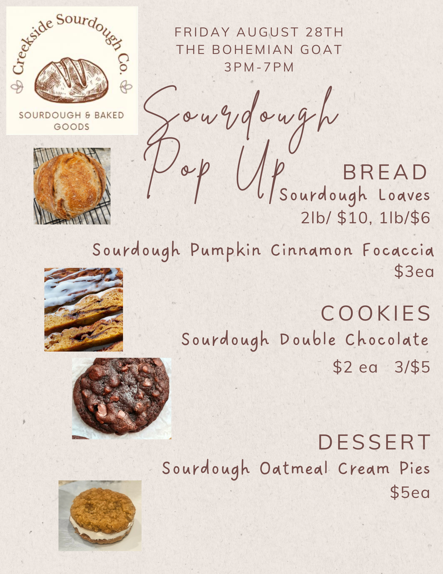 August 28, 2026 Sourdough Pop Up - PPU this date only from 8am-2pm at my house or 3-7pm at The Bohemian Goat in Mt. Clemens